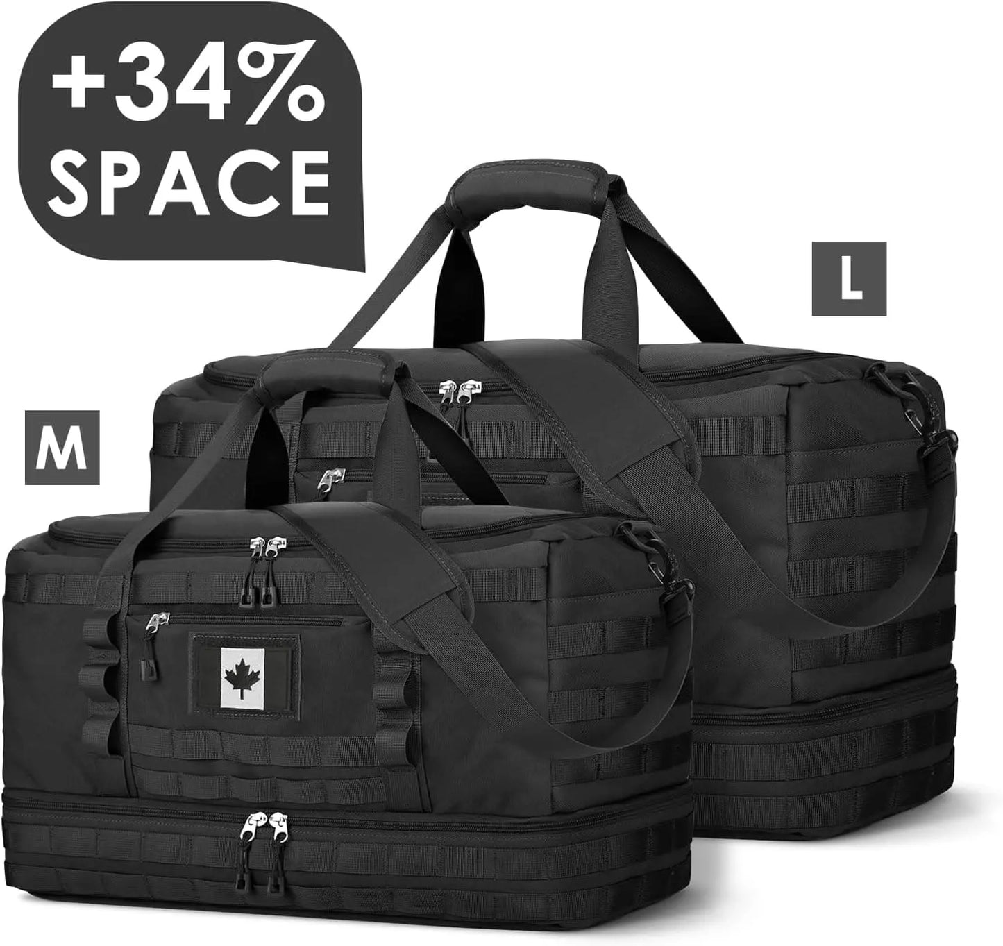 Two black duffel bags with a visible brand logo on a white background, labeled M and L with text '+34% SPACE'.