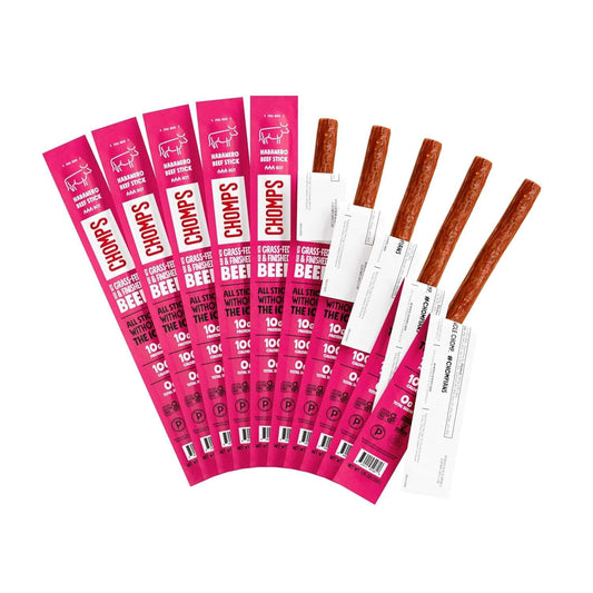 Chomps Grass-Fed and Finished Spicy Habanero Beef Jerky Snack Sticks 10-Pack - Keto, Paleo, Whole30, 10G Lean Meat Protein, Gluten-Free, Zero Sugar Food, Non-Gmo