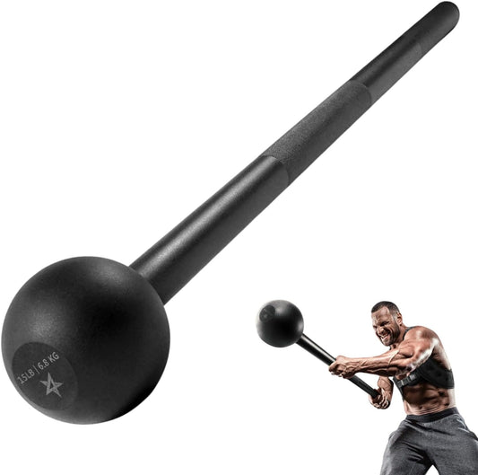 Black exercise ball with a handle and a person lifting weights on a white background