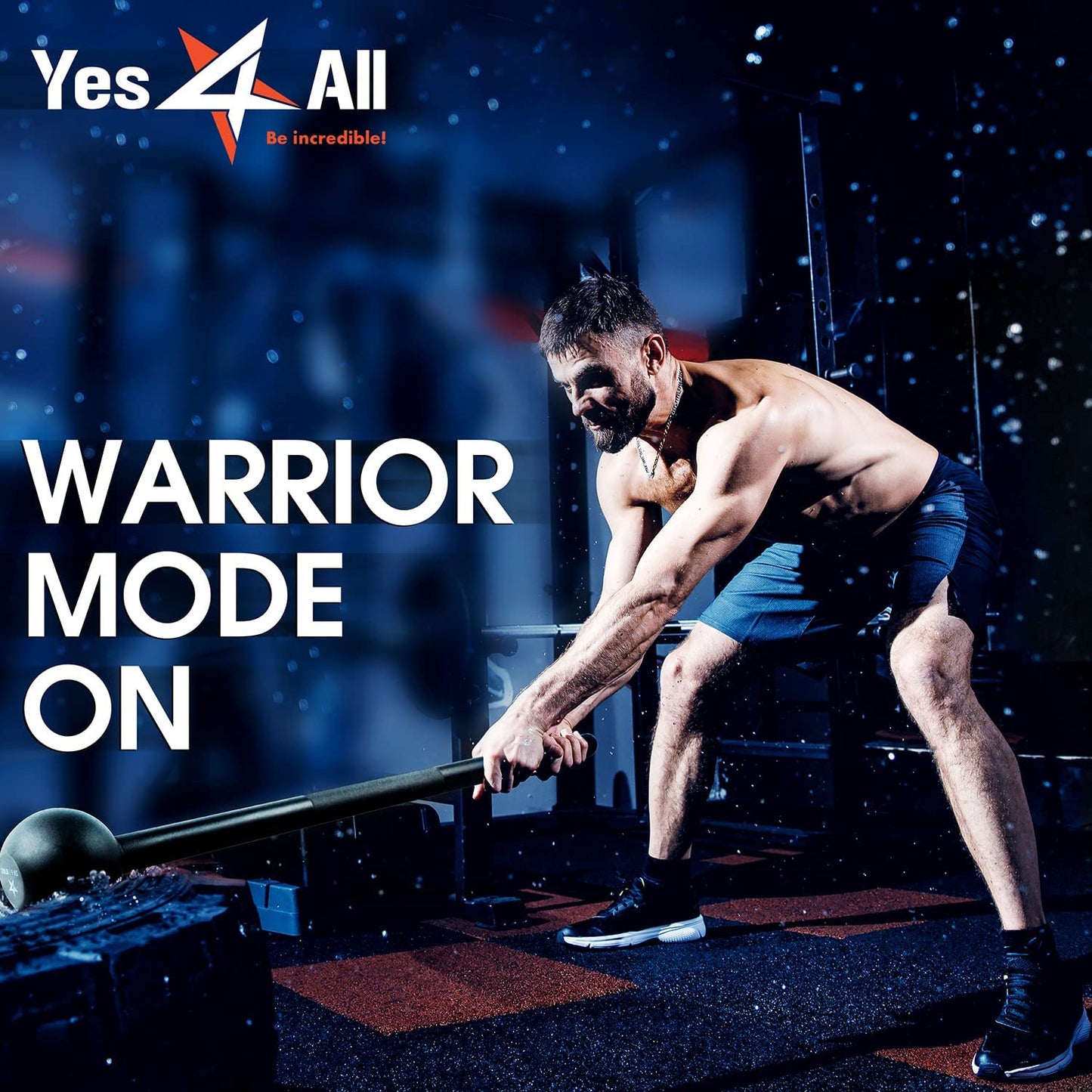 Athlete lifting weights with 'Yes4All' branding and 'Warrior Mode On' text in a gym setting.