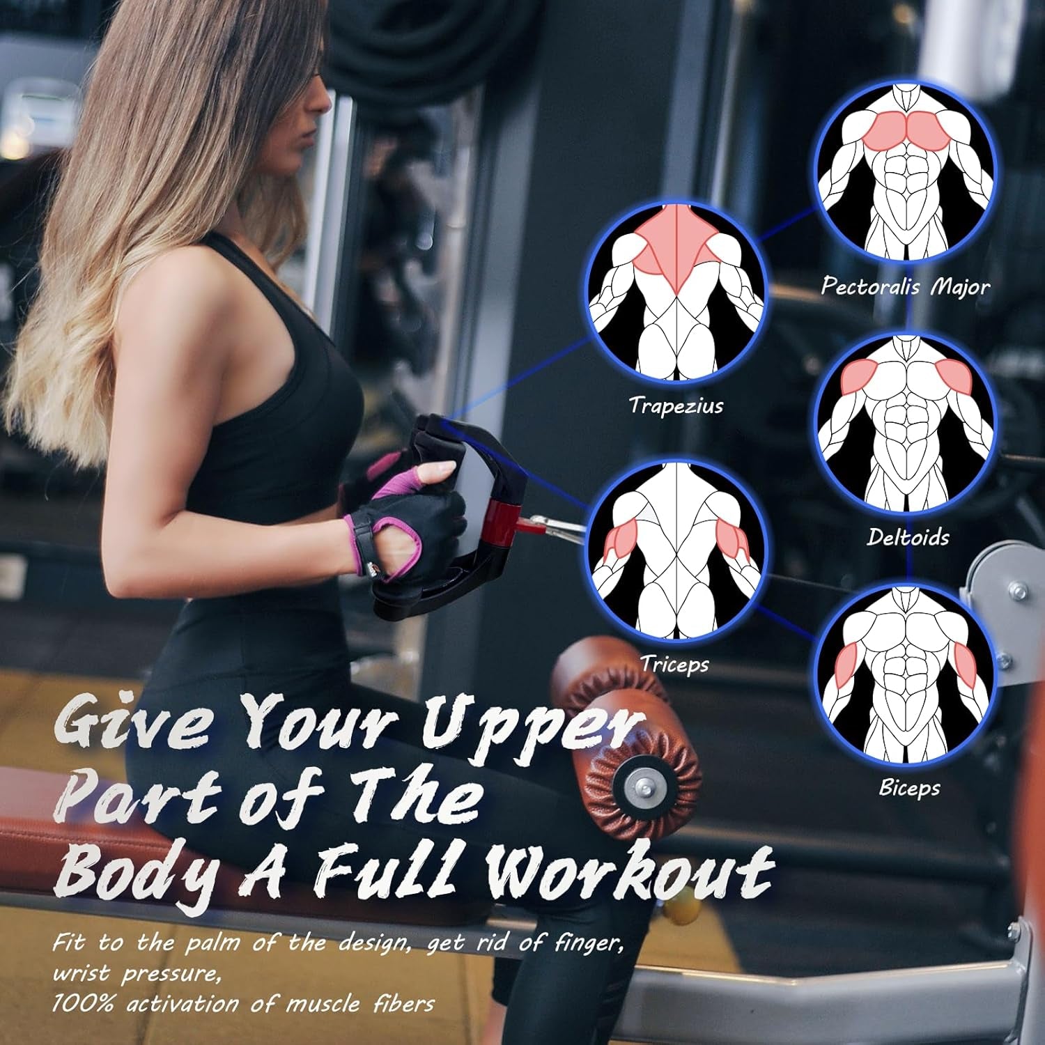 Woman exercising with a cable machine in a gym setting, surrounded by diagrams of muscles worked.