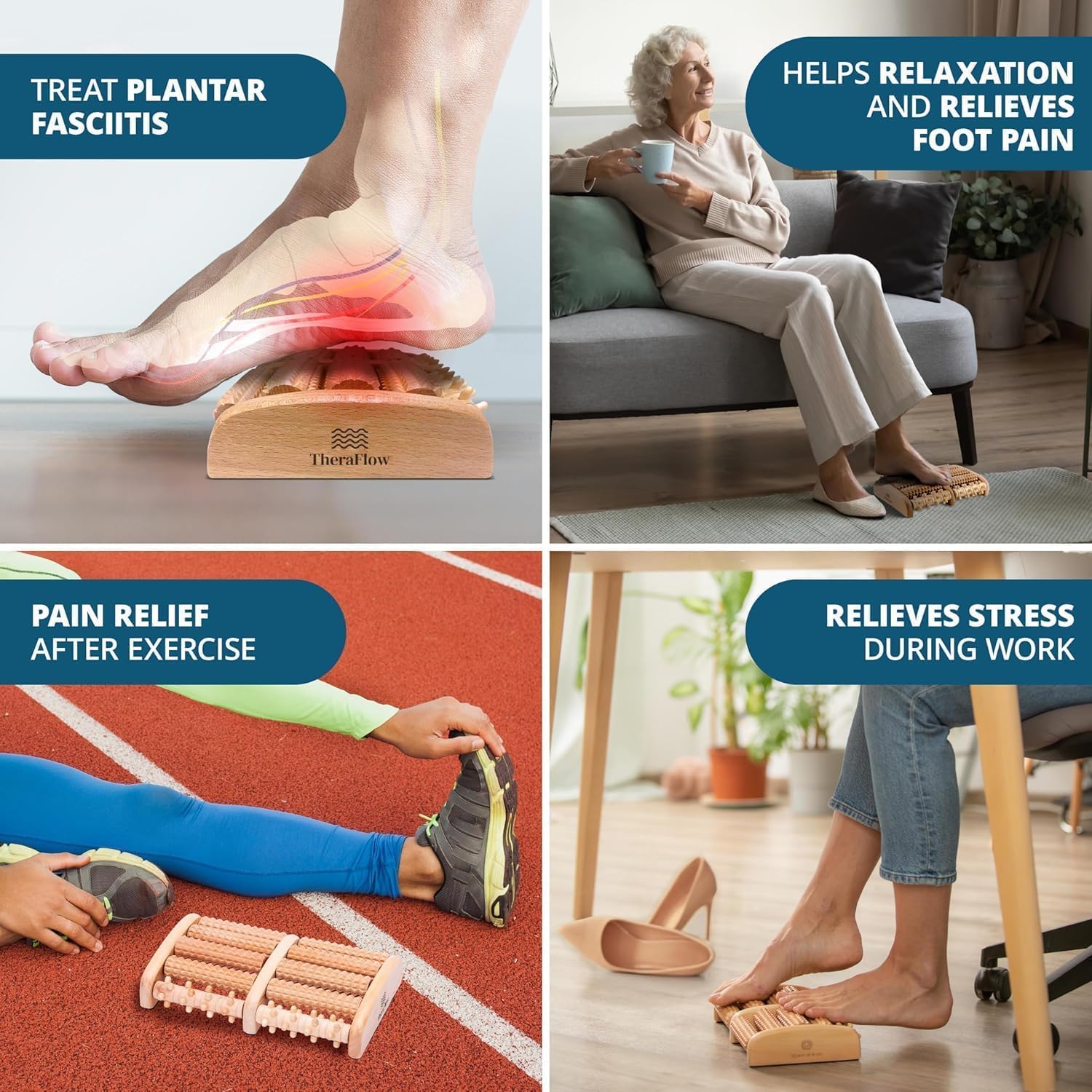Theraflow Foot Massager for Neuropathy & Plantar Fasciitis Relief - Mom Gifts for Women & Gifts for Dad, Wooden Foot Roller Massager, Neuropathy Pain Relief for Feet (Includes Reflexology Chart)