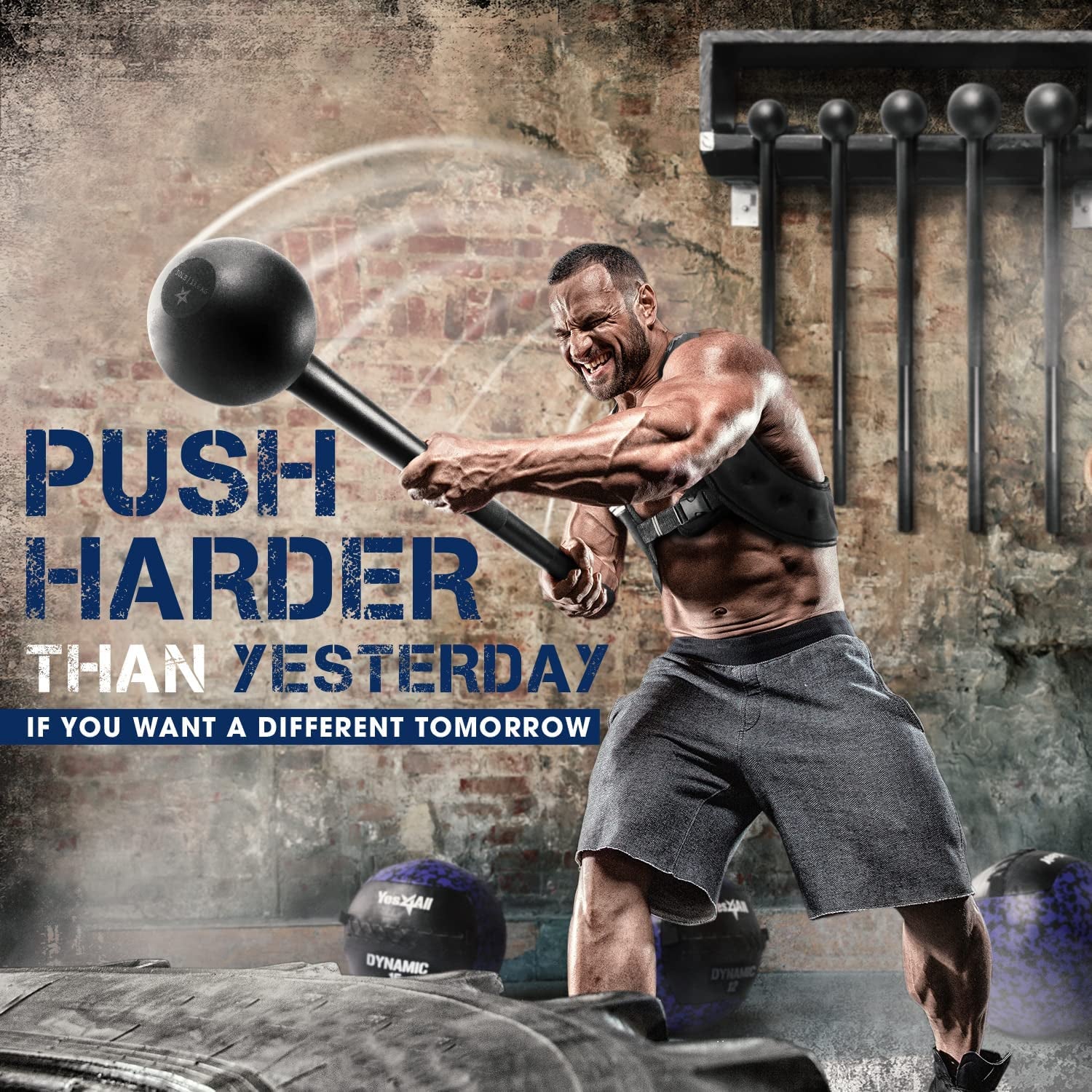 Muscular man lifting a barbell with motivational text in a gym setting