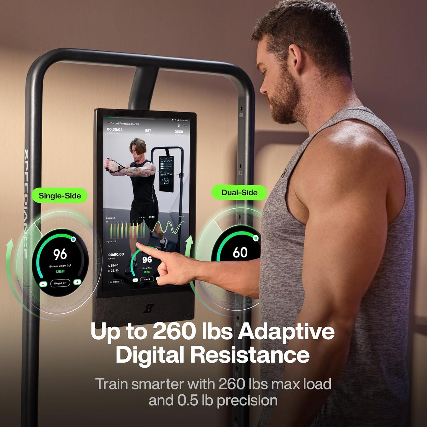 Man using a fitness machine with a digital display showing resistance levels.