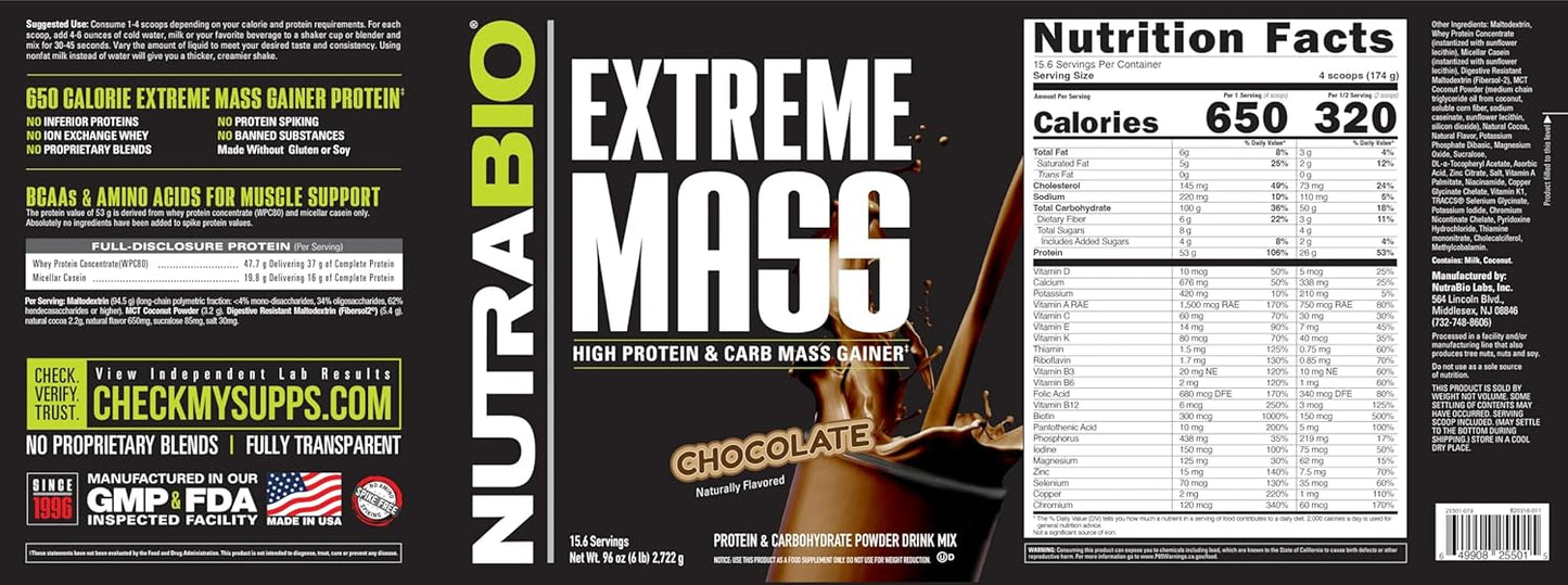 Nutrabio Extreme Mass Gainer Protein Powder, 53G Protein, Clean Weight Gainer, Increase Muscle Mass, Full Spectrum Amino Acid - Chocolate, 6 Pound