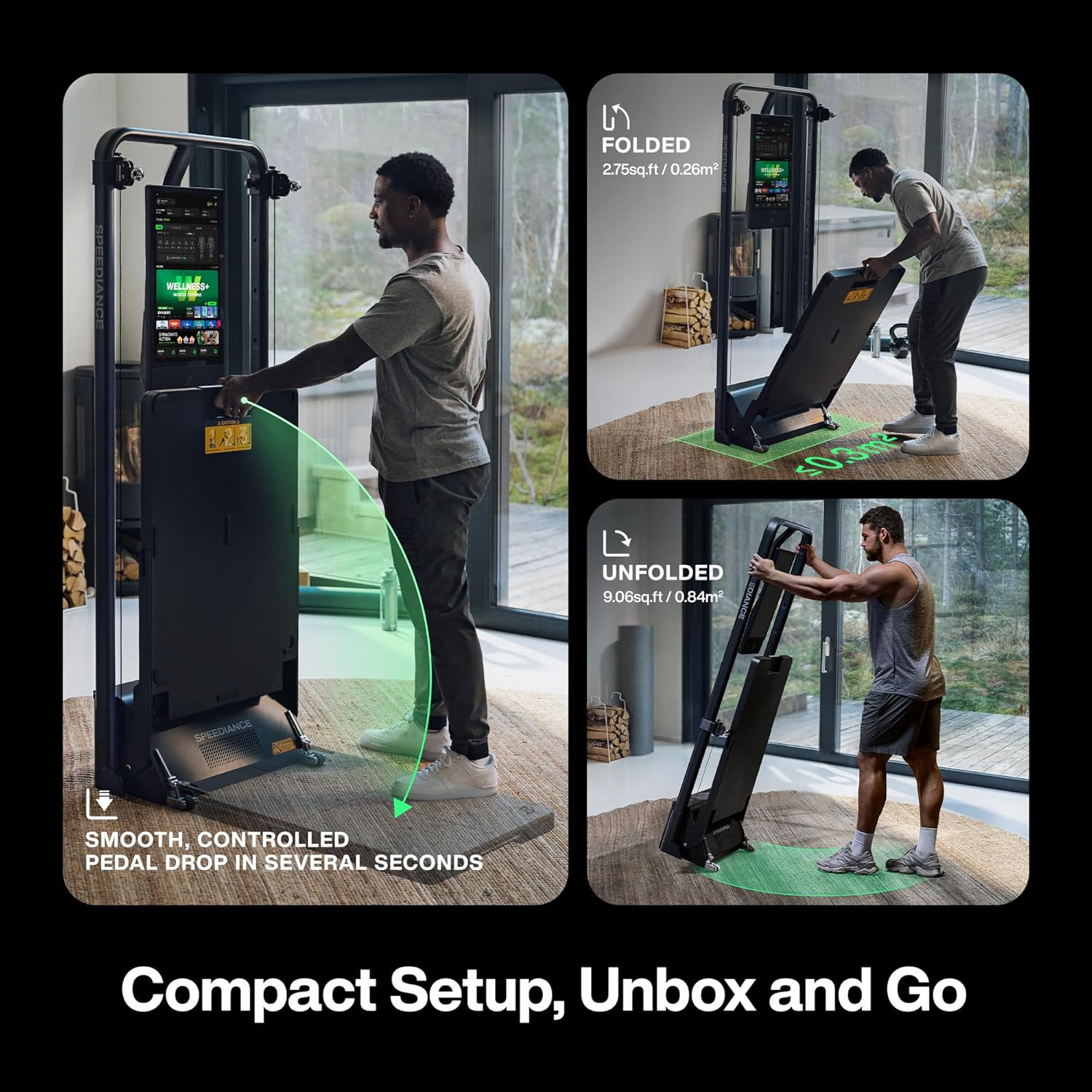 Collage of a man setting up a compact exercise machine indoors.