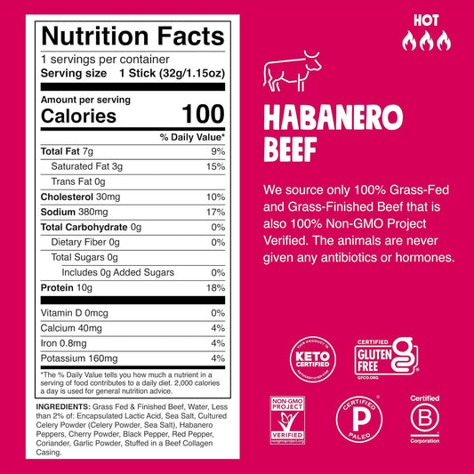 Chomps Grass-Fed and Finished Spicy Habanero Beef Jerky Snack Sticks 10-Pack - Keto, Paleo, Whole30, 10G Lean Meat Protein, Gluten-Free, Zero Sugar Food, Non-Gmo