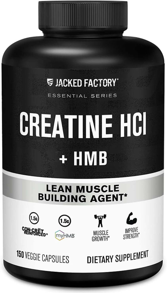 Jacked Factory Creatine HCL + HMB Capsules - Synergistic CON-CRET, Myhmb, & Vitamin D Formula for Improved Growth, Strength, & Reduced Muscle Breakdown - 150 Capsules