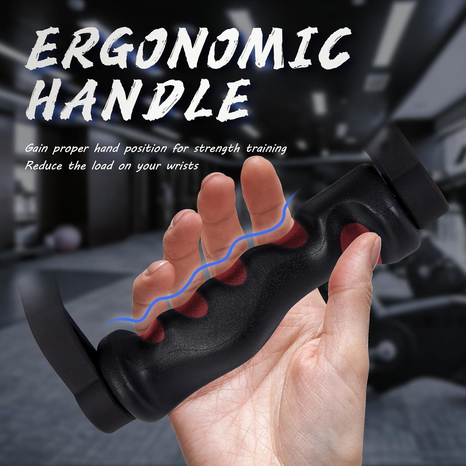 Ergonomic handle with hand holding it, text highlighting benefits