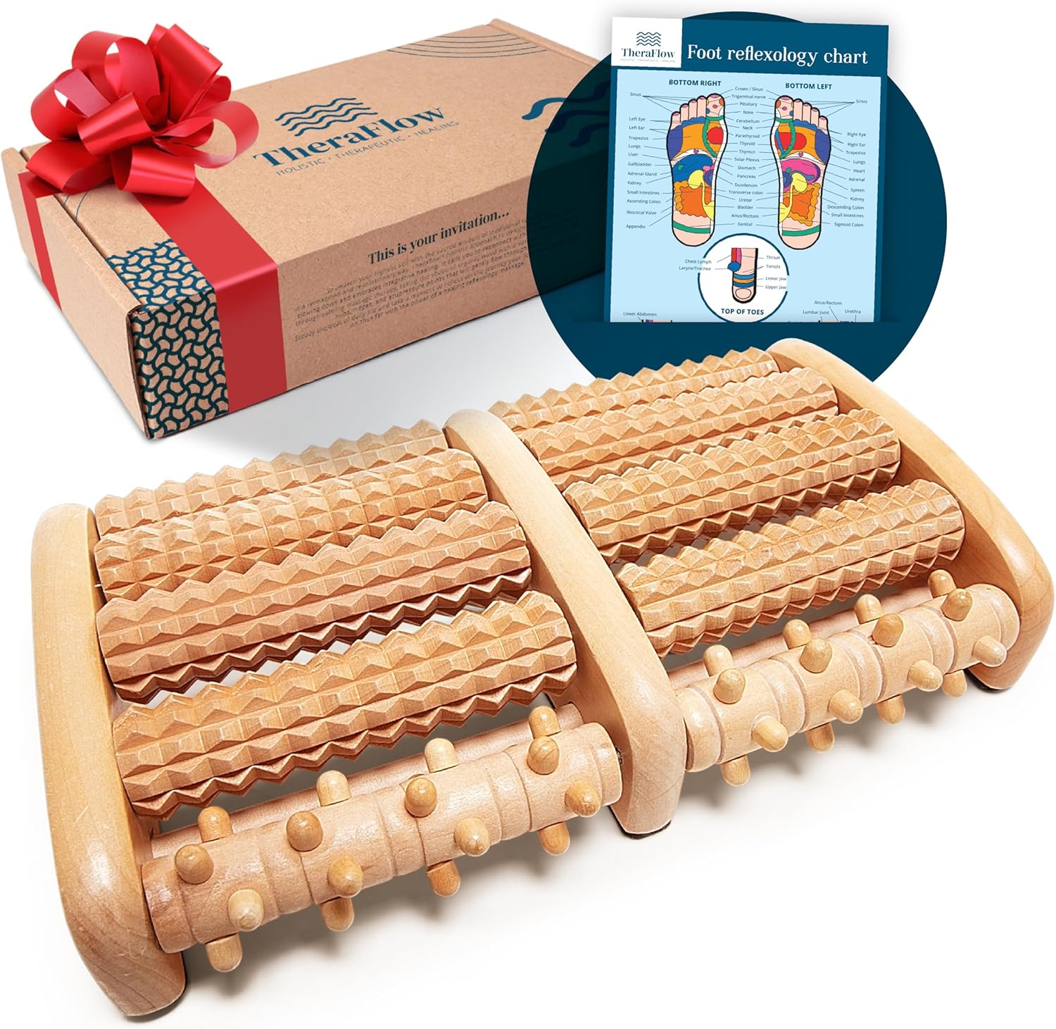 Theraflow Foot Massager for Neuropathy & Plantar Fasciitis Relief - Mom Gifts for Women & Gifts for Dad, Wooden Foot Roller Massager, Neuropathy Pain Relief for Feet (Includes Reflexology Chart)