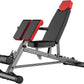 Black and red adjustable weight bench on a white background