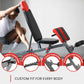 Adjustable weight bench with multiple position options and a person using it.