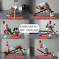 Multifunctional gym bench with various exercises demonstrated on a gray background