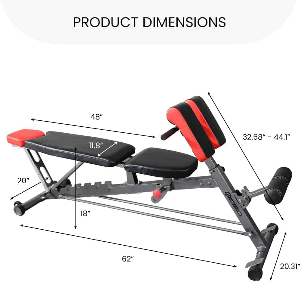 Measurement chart of a adjustable weight bench with dimensions labeled.