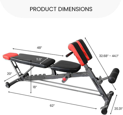 Measurement chart of a adjustable weight bench with dimensions labeled.