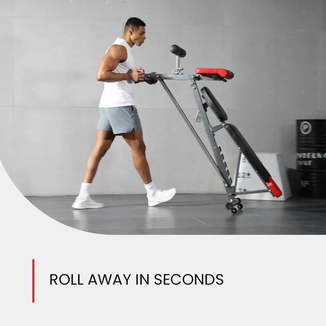 Man rolling a portable exercise bike in a gym setting with text 'Roll Away in Seconds'.