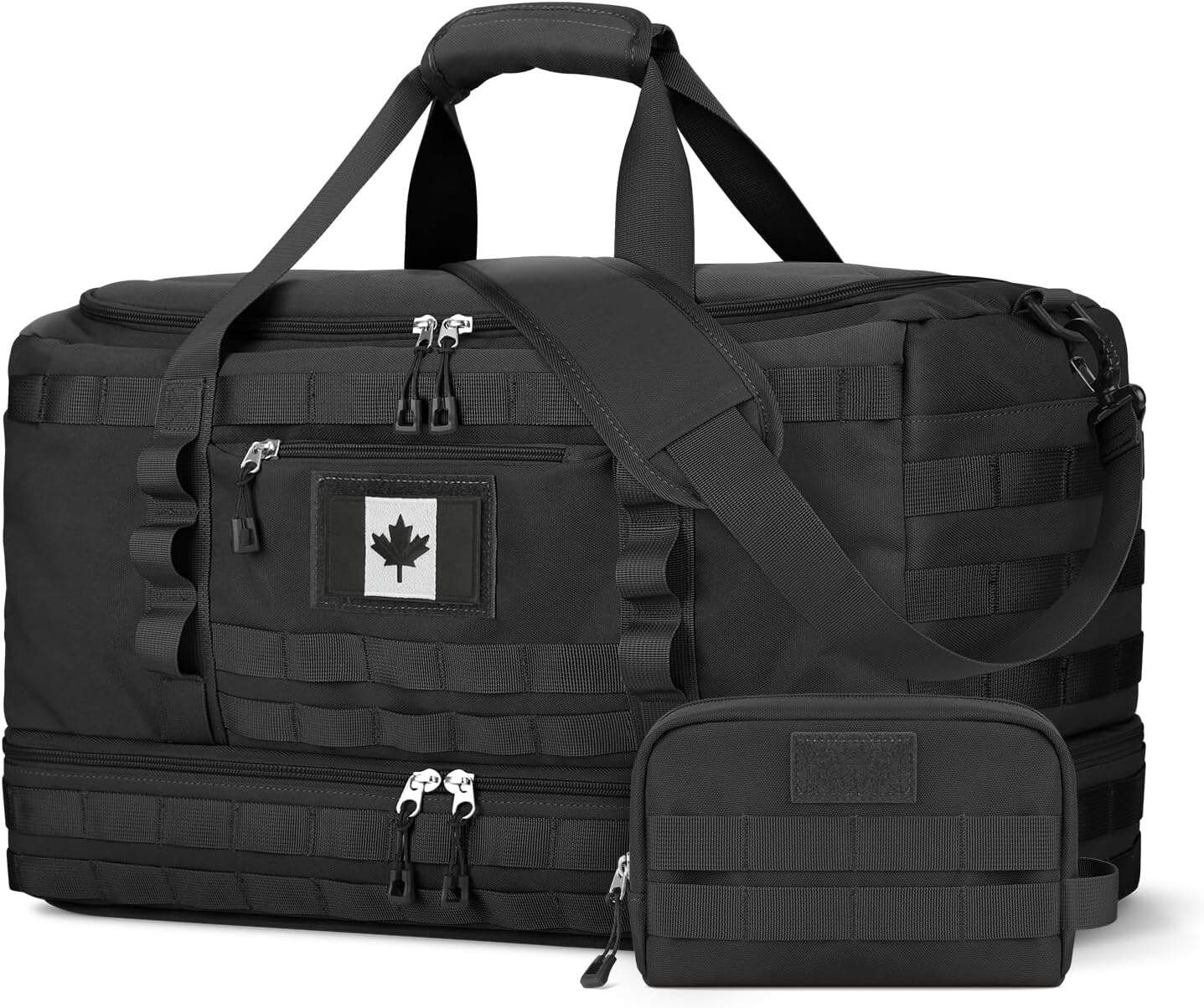 Black tactical duffel bag with a smaller pouch on a white background