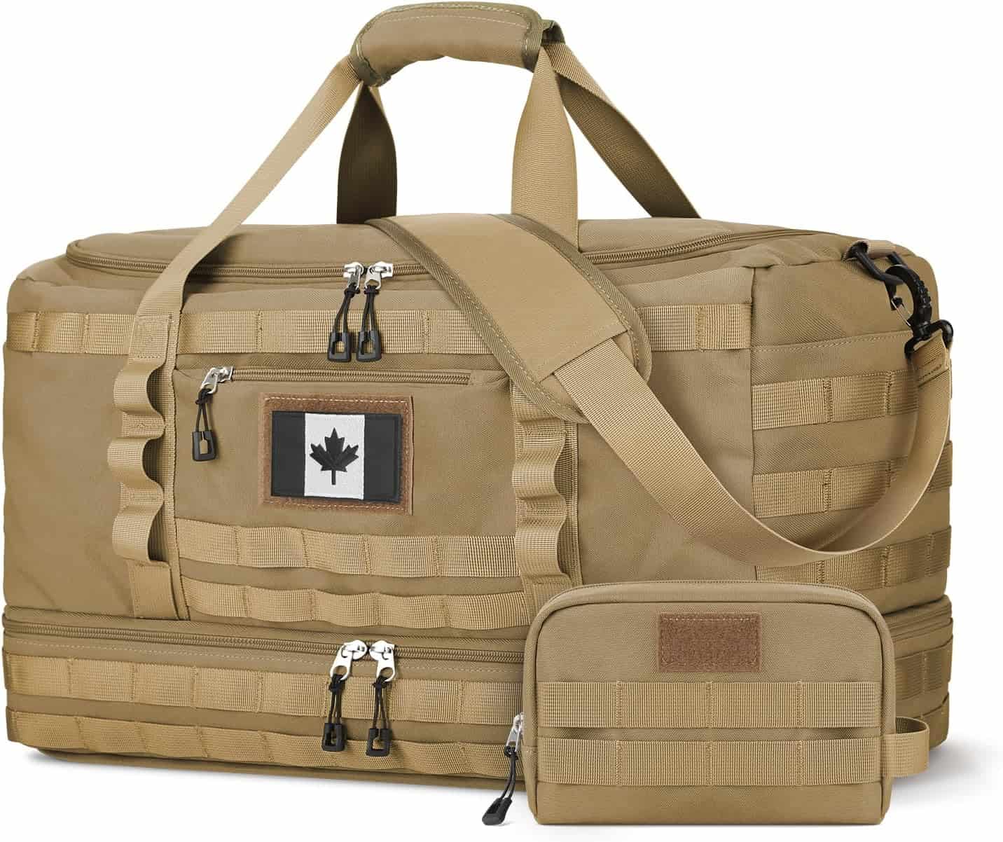 Tan tactical duffel bag with Canadian flag patch on a white background