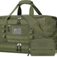 Green tactical duffel bag with American flag patch on a white background