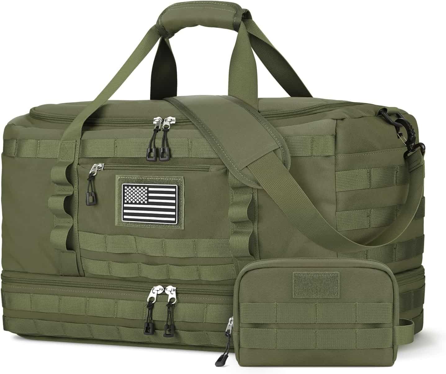 Green tactical duffel bag with American flag patch on a white background