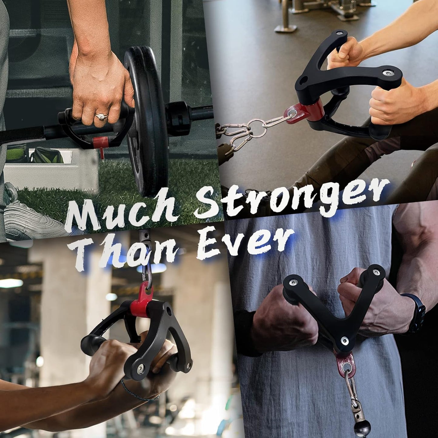 Collage of hands using a gym device with text 'Much Stronger Than Ever' in a gym setting.
