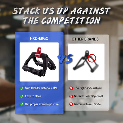 Comparison chart between HXD-ERGO and other brands with product images and text on a blurred indoor background.
