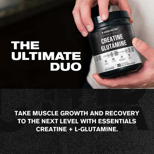 Jacked Factory Creatine + Glutamine - Creatine Supplement with L-Glutamine for Muscle Recovery, Muscle Growth, Increased Strength, Enhanced Energy Output, and Gut Health - 30 Servings, Unflavored
