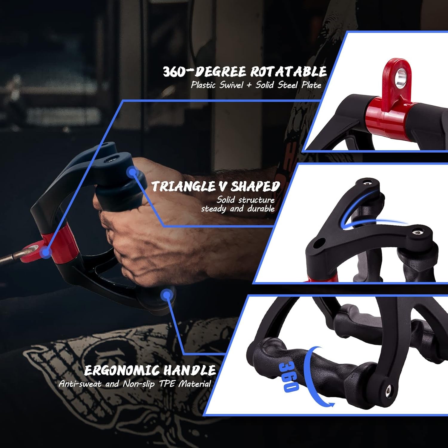 Collage of a 360-degree rotatable handle with ergonomic design features on a dark background.