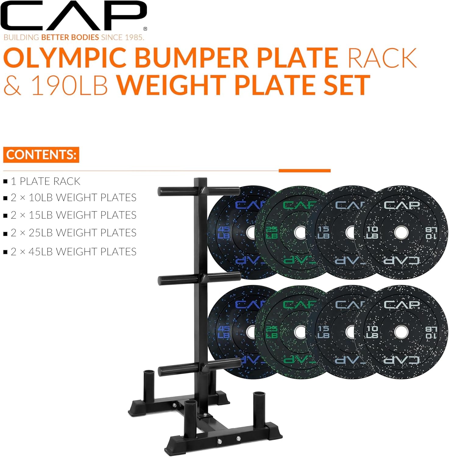 CAP Olympic Bumper Plate Weight Set with Tree Rack Storage
