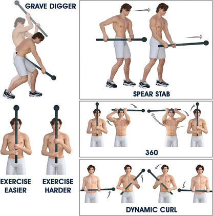 Illustrations of a person performing various exercises with a barbell, labeled 'Grave Digger', 'Spear Stab', '360', and 'Dynamic Curl'.