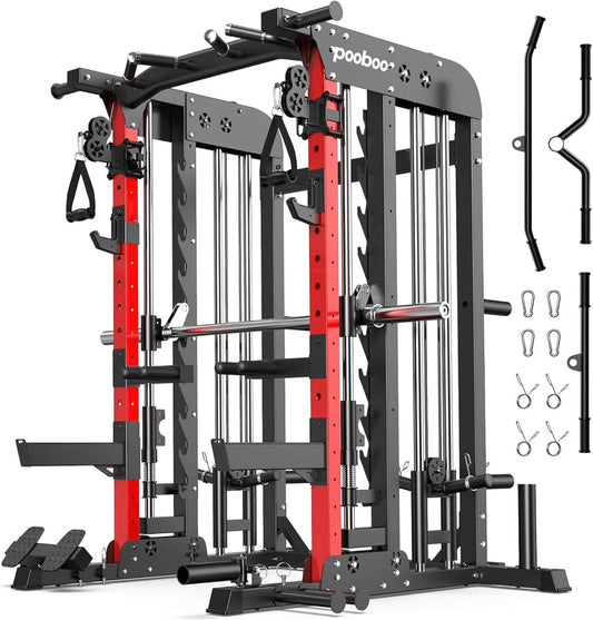 Pooboo Multi-Functional Machine Power Cage, 2000LB Squat Rack, Lat-Pull down System, Dual Pulley Cable Crossover System, Home Gym Workout Machine with Strength Training Attachments